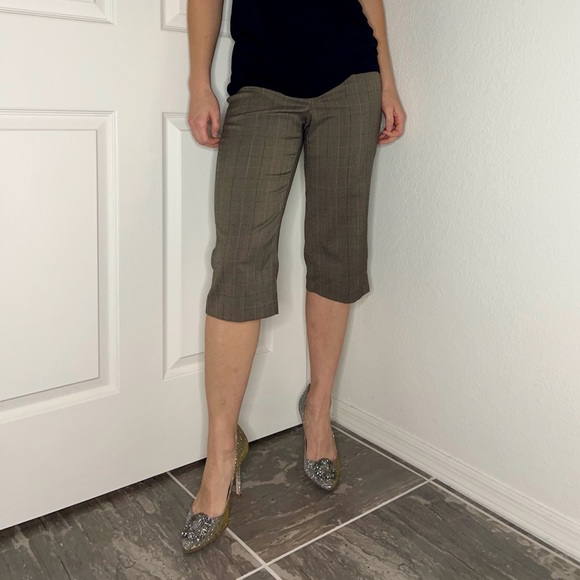 Y2K 2000s Lowrise Tailored Brown Plaid Capri Trousers Bermuda Shorts - Picture 4 of 9